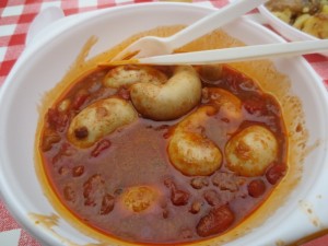 this was my meal at the Spring Fair: Rooster Testicles. Very disappointed when they turned out to just be sausages. Should have known--could a rooster really have such big ones?